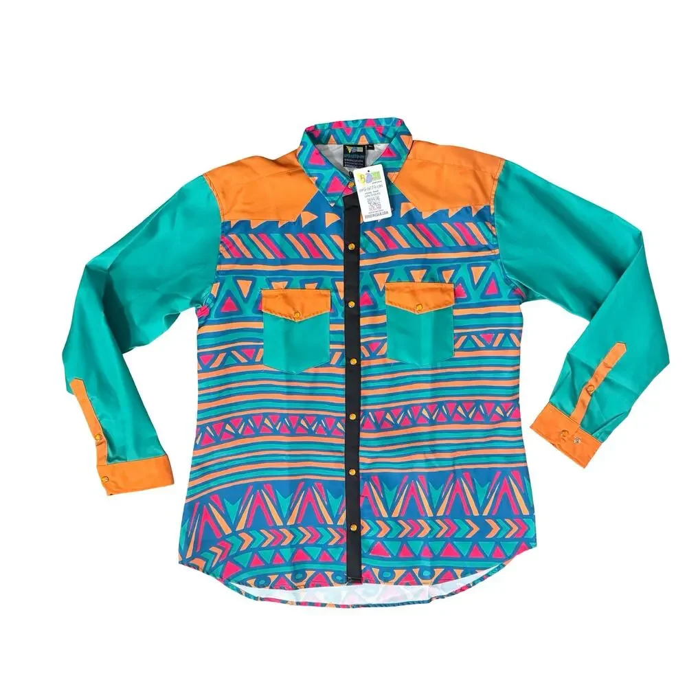 B Fresh Jazzy J Orange Blue Retro 90s Pearl Snap Button Up Shirt size XL NEW Tag - Picture 3 of 9